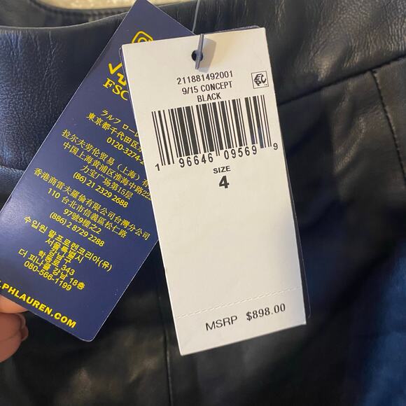 NEW Polo Ralph Lauren Black 100% Lambs Leather Asymmetric Midi Skirt Size 4 NWT - Picture 4 of 9